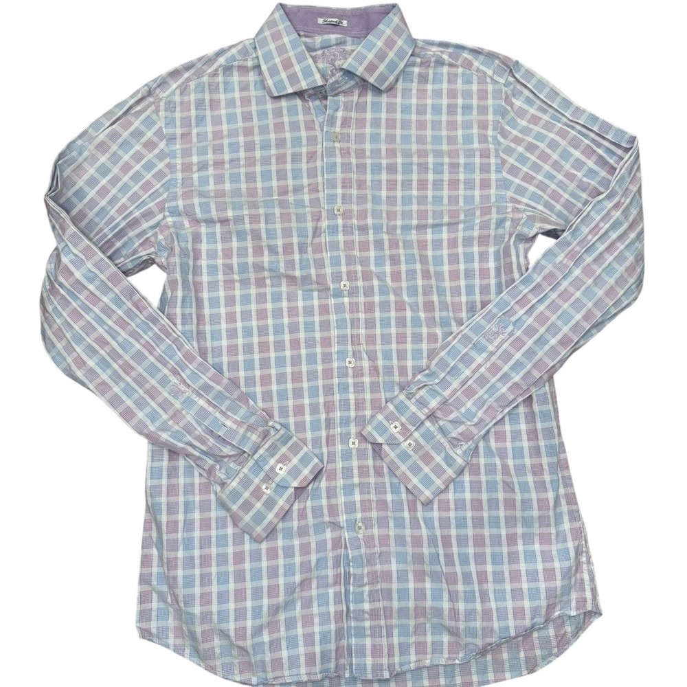 BUGATCHI Mens Long Sleeve Plaid Button Down Shirt Purple Blue White Classic Sz L